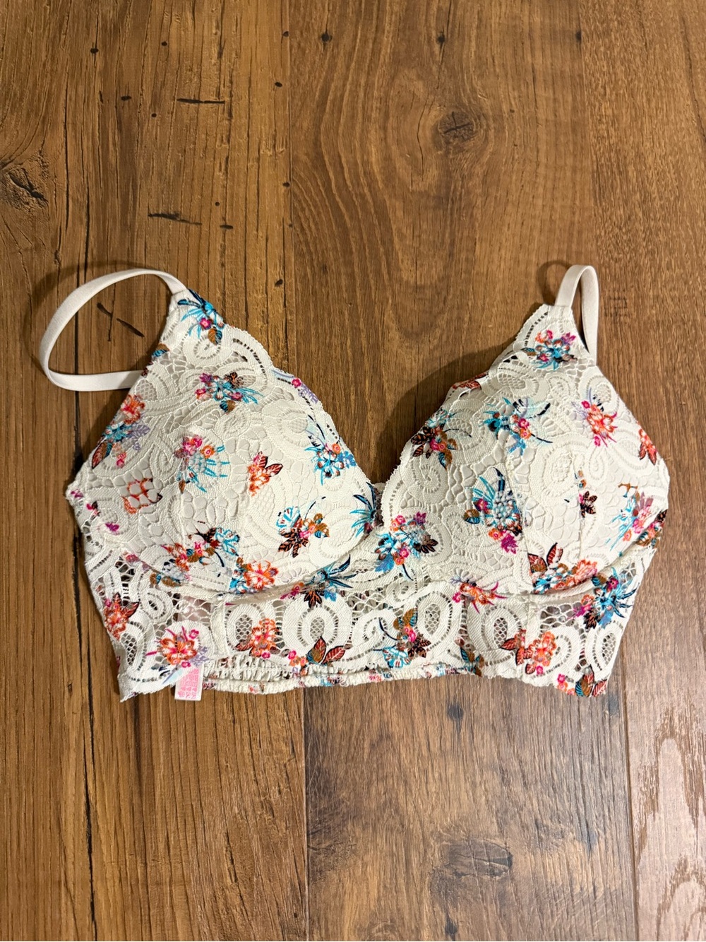 PINK Victoria's Secret Cream Lace Bralette with Multicolor Floral Embroidery